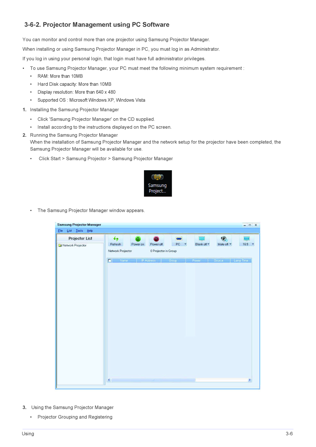 Samsung SP1055XWX/ZX, SP1055XWX/EN manual Projector Management using PC Software 