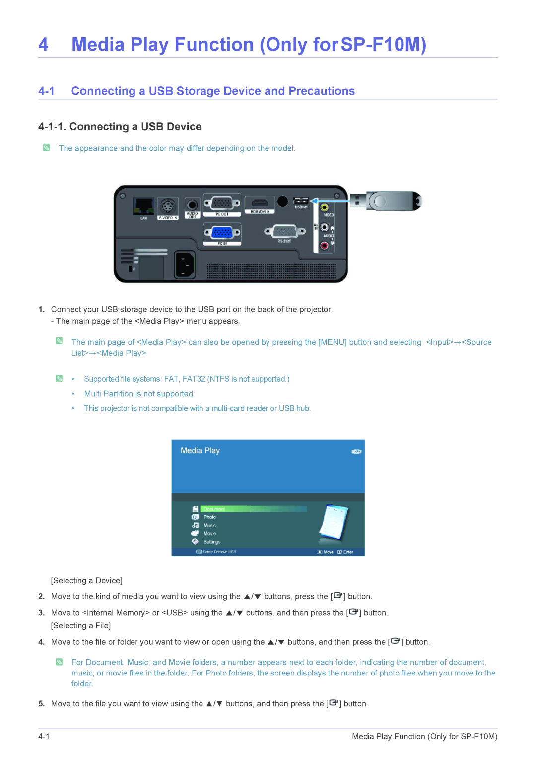 Samsung SP1055XWX/EN, SP1055XWX/ZX manual Connecting a USB Storage Device and Precautions, Connecting a USB Device 