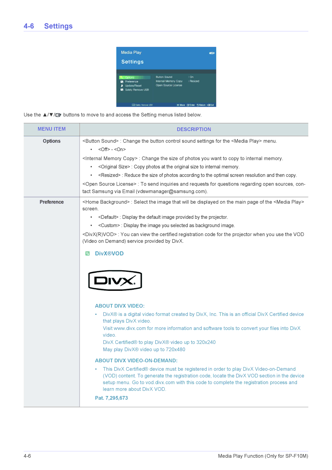 Samsung SP1055XWX/EN, SP1055XWX/ZX manual Settings, Tact Samsung via Email vdswmanager@samsung.com 