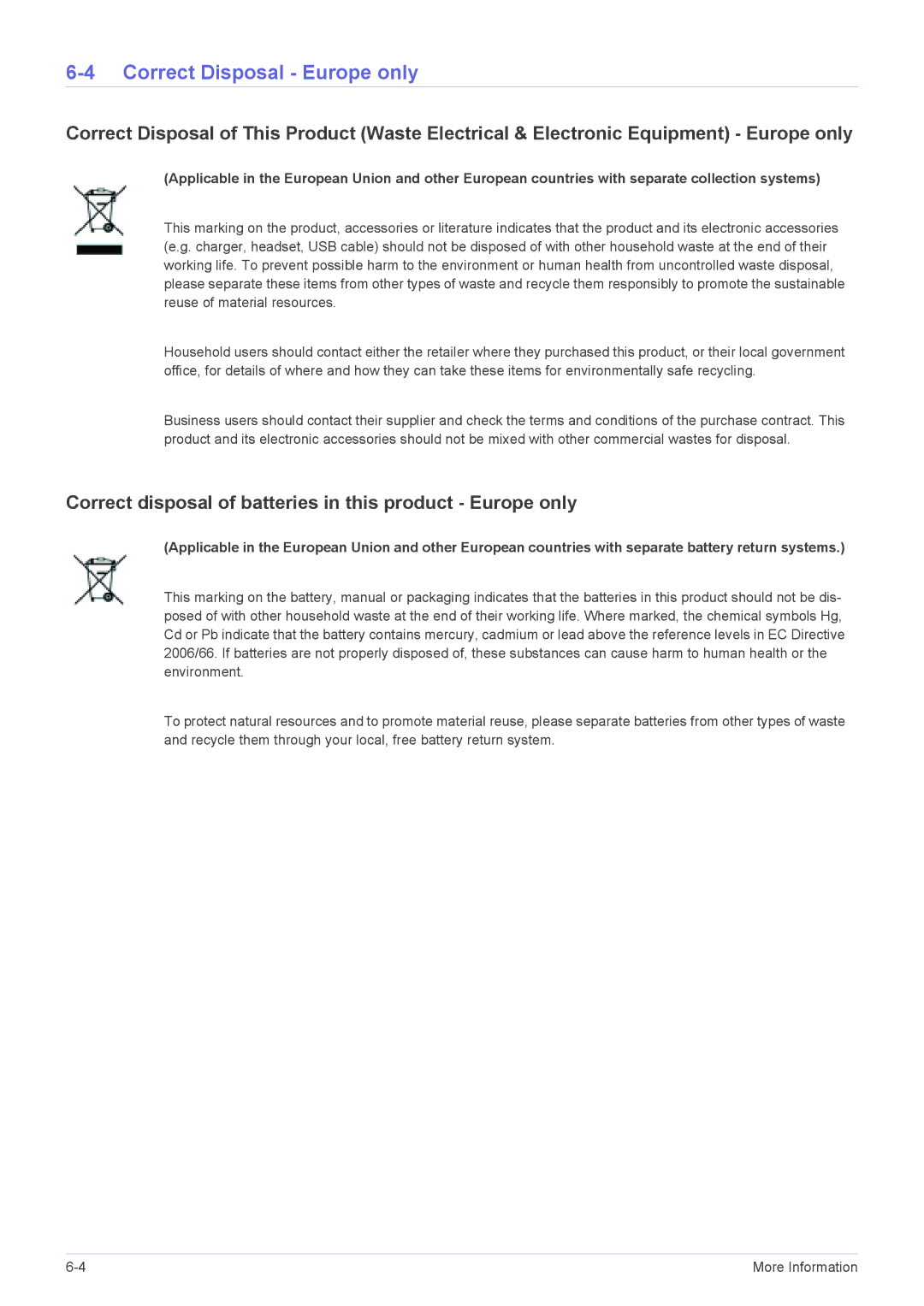 Samsung SP1055XWX/EN, SP1055XWX/ZX Correct Disposal Europe only, Correct disposal of batteries in this product Europe only 