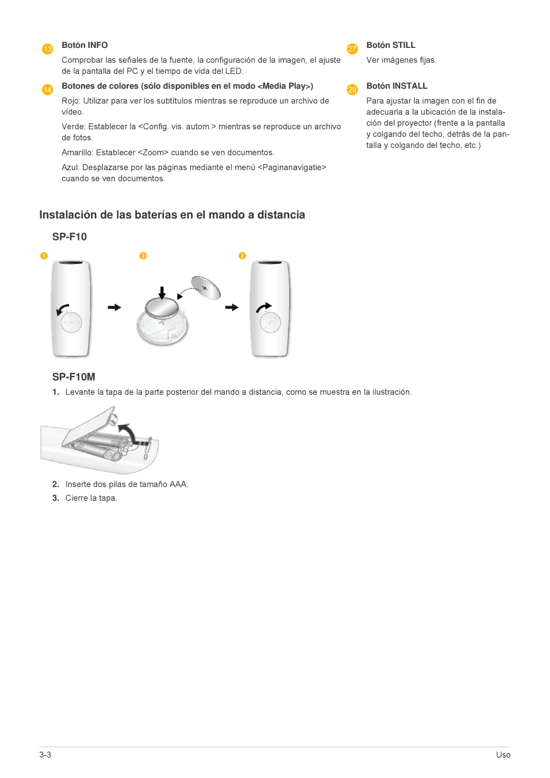 Samsung SP1055XWX/EN, SP1055XWX/ZX manual Instalación de las baterías en el mando a distancia 