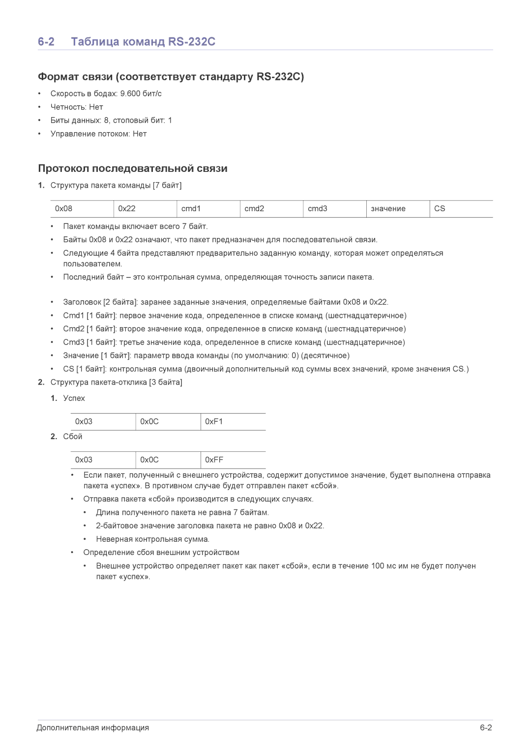 Samsung SP1055XWX/EN Таблица команд RS-232C, Формат связи соответствует стандарту RS-232C, Протокол последовательной связи 