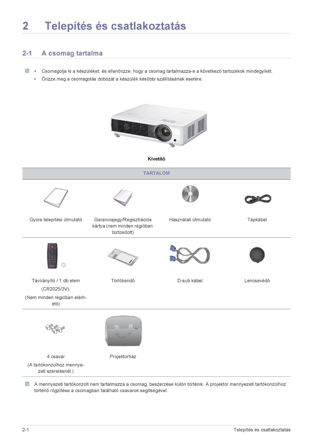 Samsung SP2003SWX/EN manual Csomag tartalma, Tartalom 