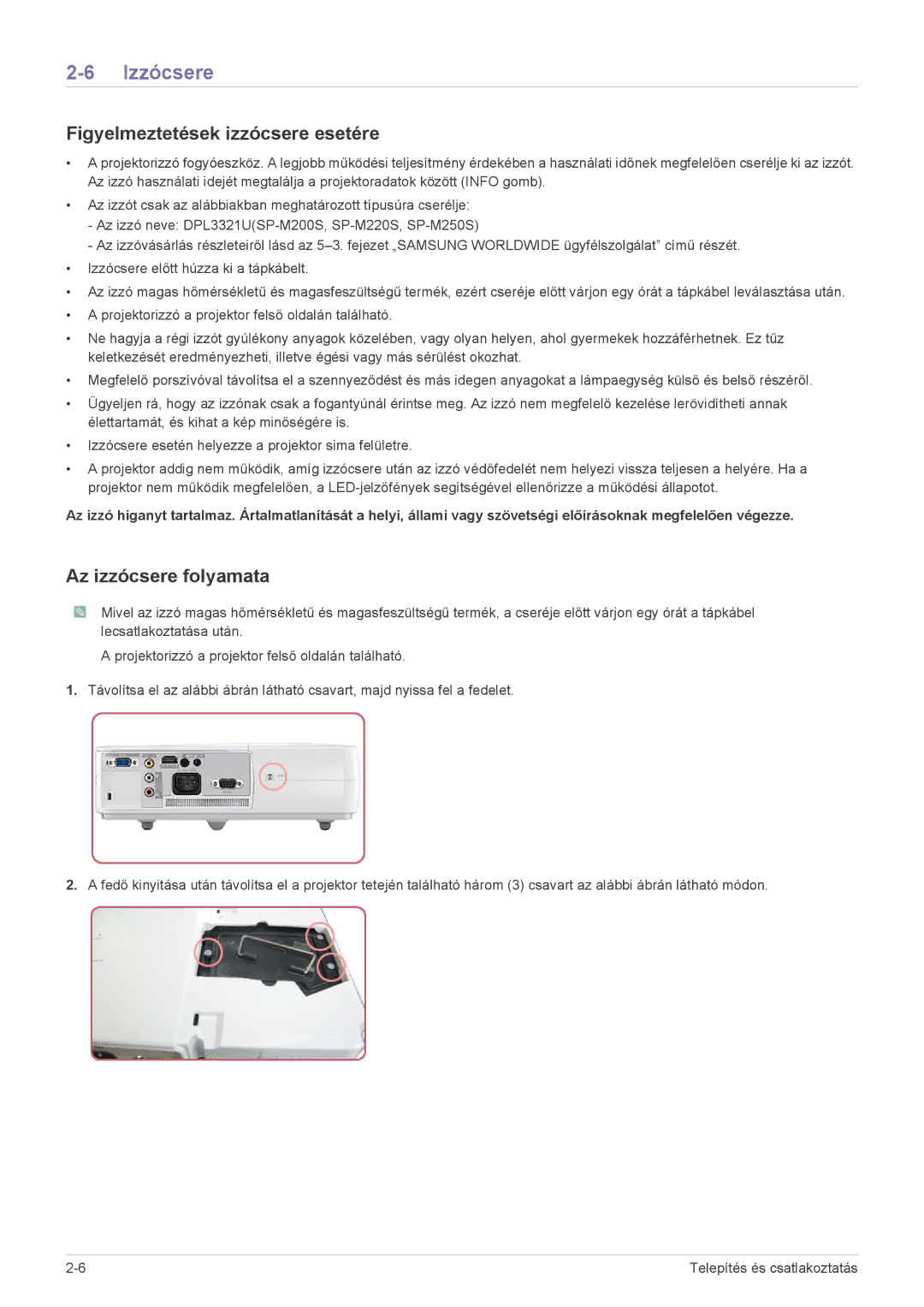 Samsung SP2003SWX/EN manual Izzócsere, Figyelmeztetések izzócsere esetére, Az izzócsere folyamata 