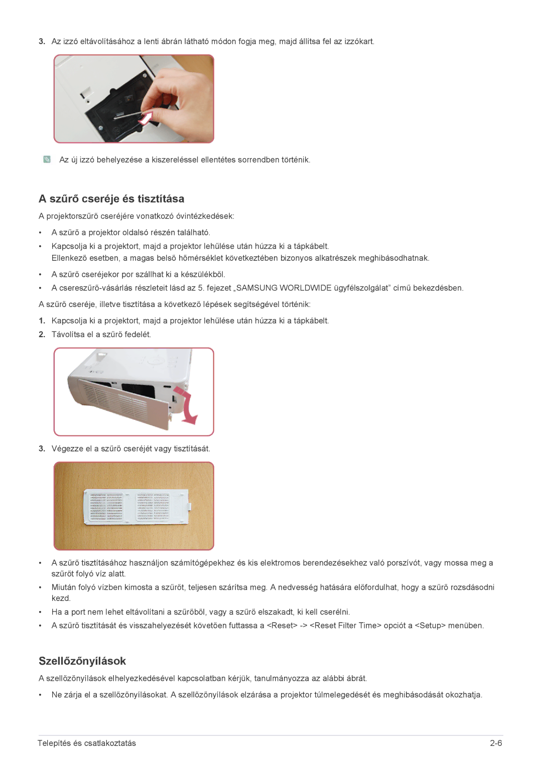 Samsung SP2003SWX/EN manual Szűrő cseréje és tisztítása, Szellőzőnyílások 