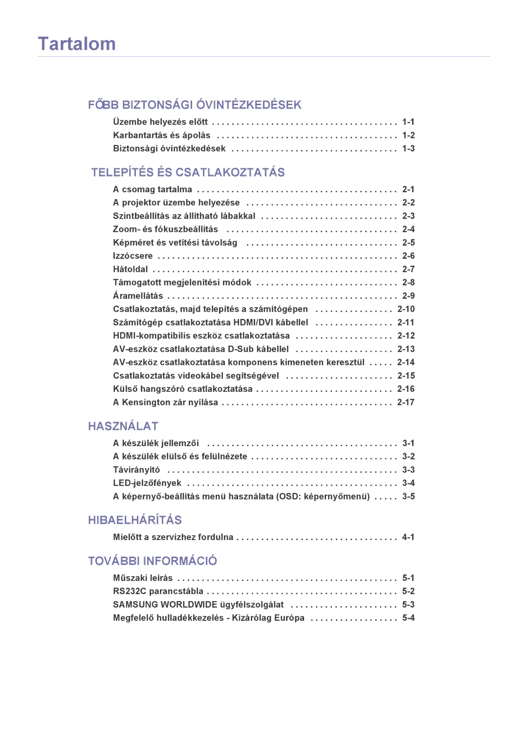 Samsung SP2003SWX/EN manual Tartalom, Külső hangszóró csatlakoztatása Kensington zár nyílása 