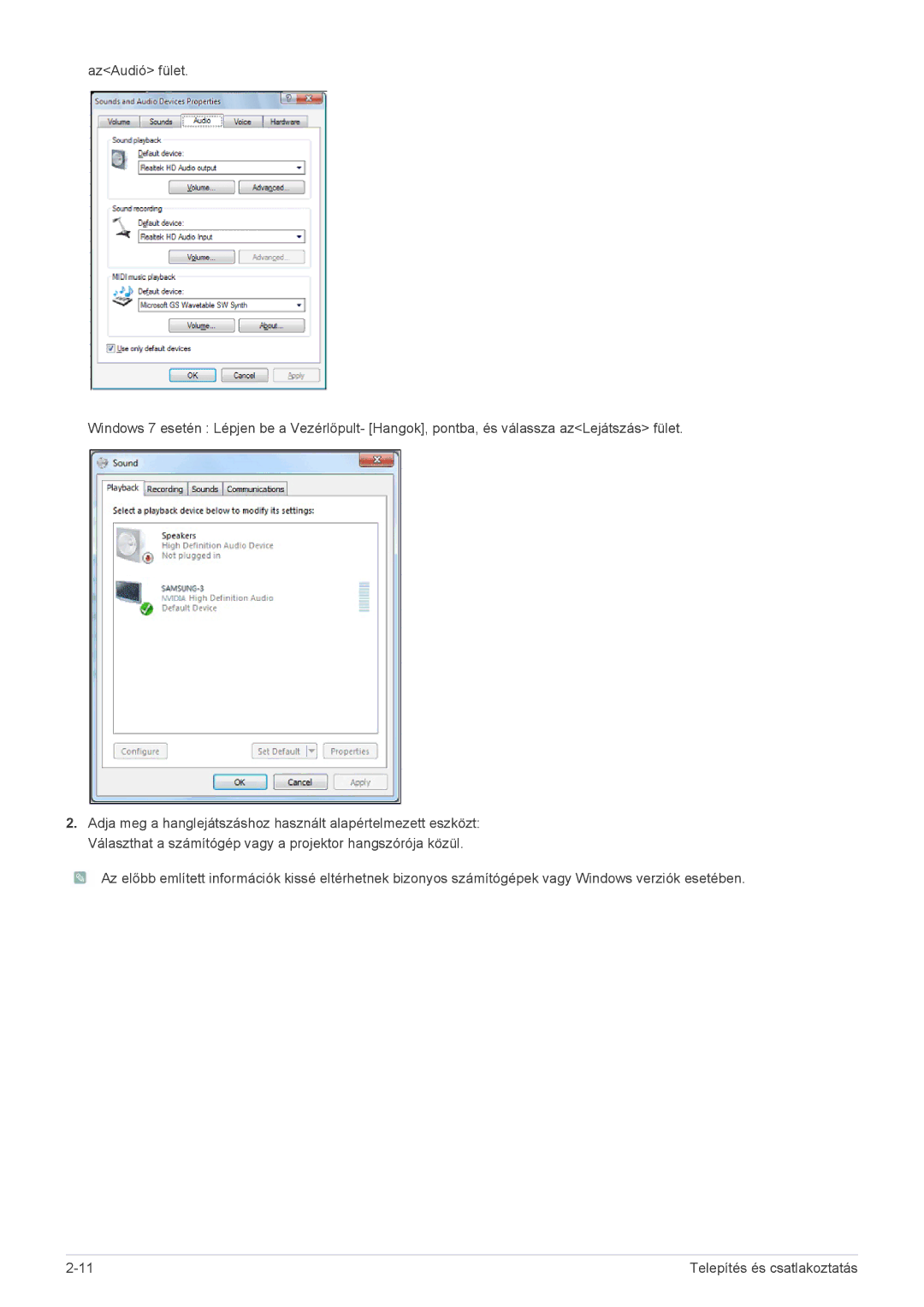 Samsung SP2003SWX/EN manual Telepítés és csatlakoztatás 