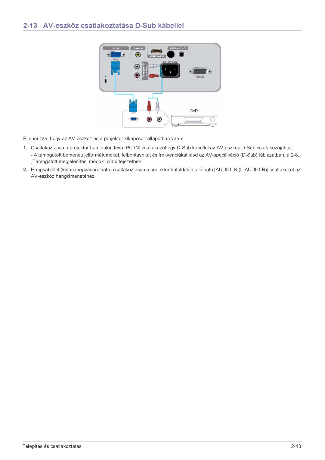 Samsung SP2003SWX/EN manual AV-eszköz csatlakoztatása D-Sub kábellel 