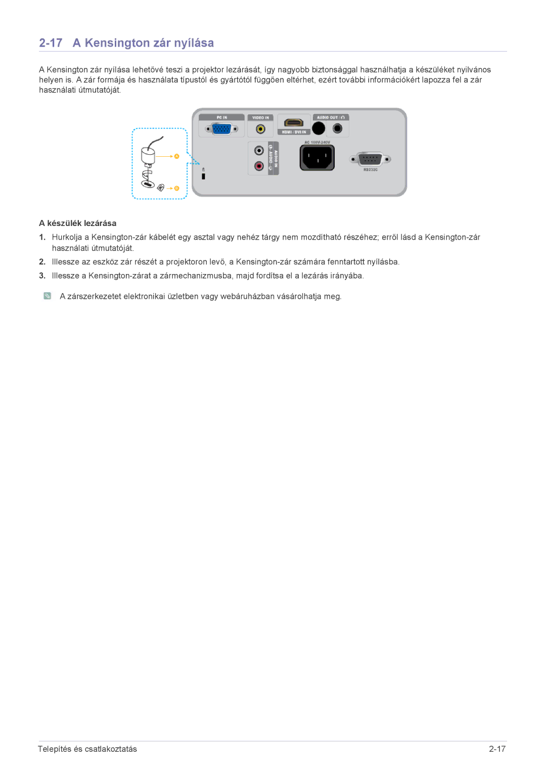 Samsung SP2003SWX/EN manual Kensington zár nyílása, Készülék lezárása 