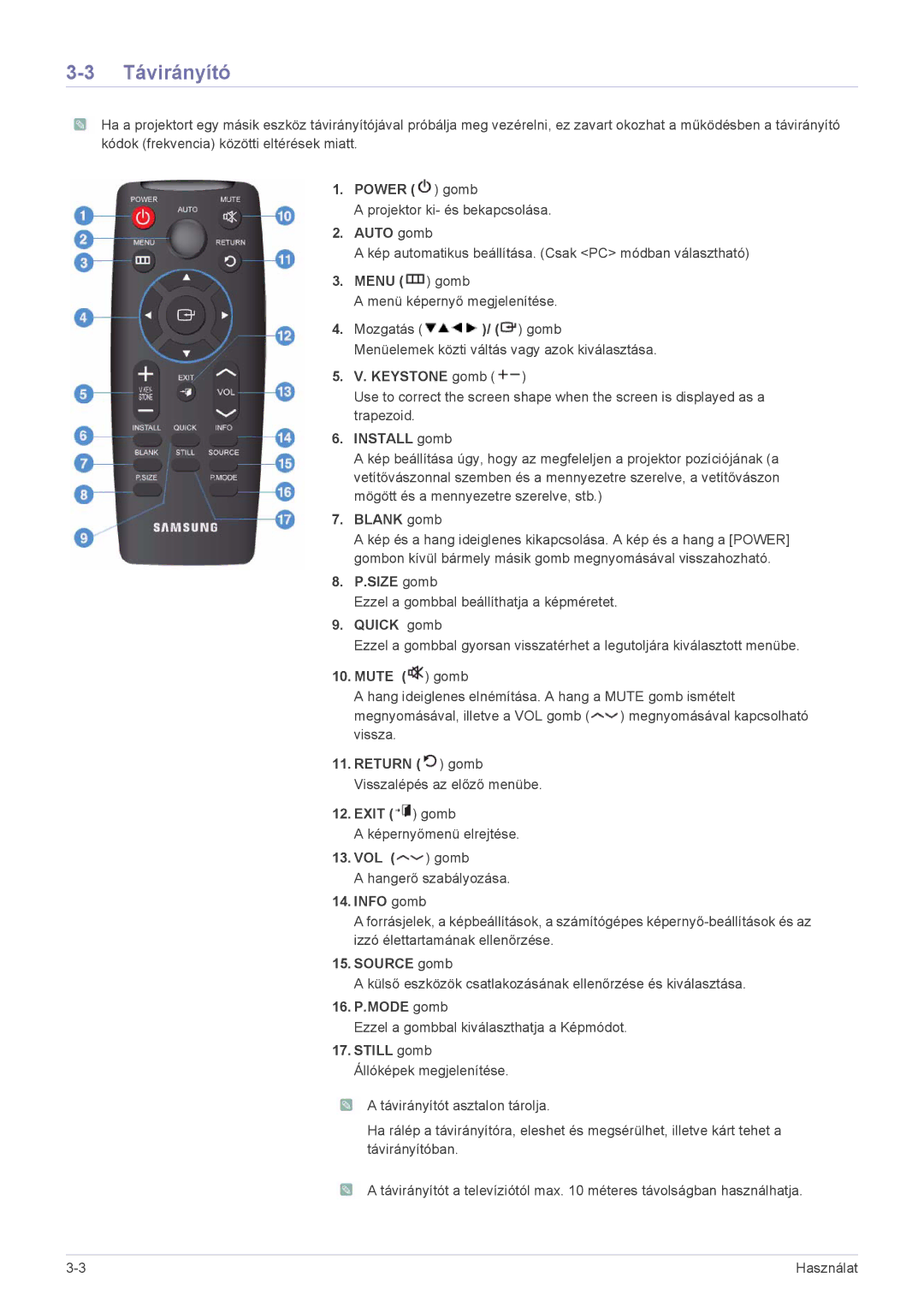 Samsung SP2003SWX/EN manual Távirányító 