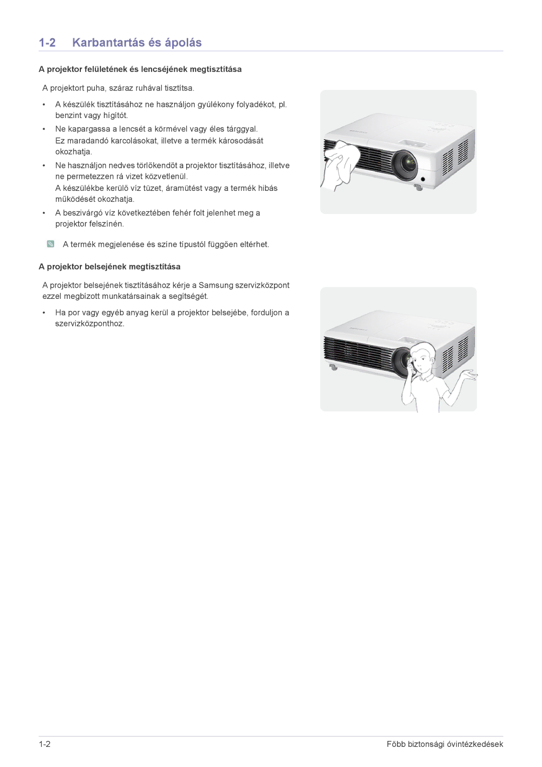 Samsung SP2003SWX/EN manual Karbantartás és ápolás, Projektor felületének és lencséjének megtisztítása 