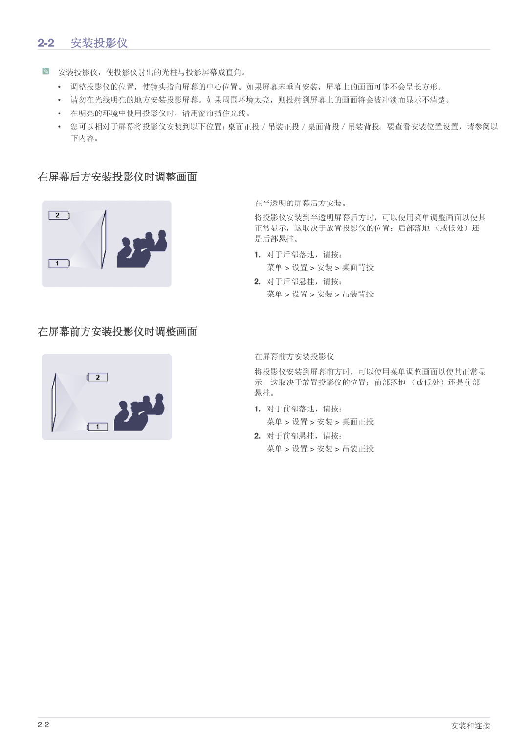 Samsung SP2003SWX/EN manual 2安装投影仪, 在屏幕后方安装投影仪时调整画面, 在屏幕前方安装投影仪时调整画面 