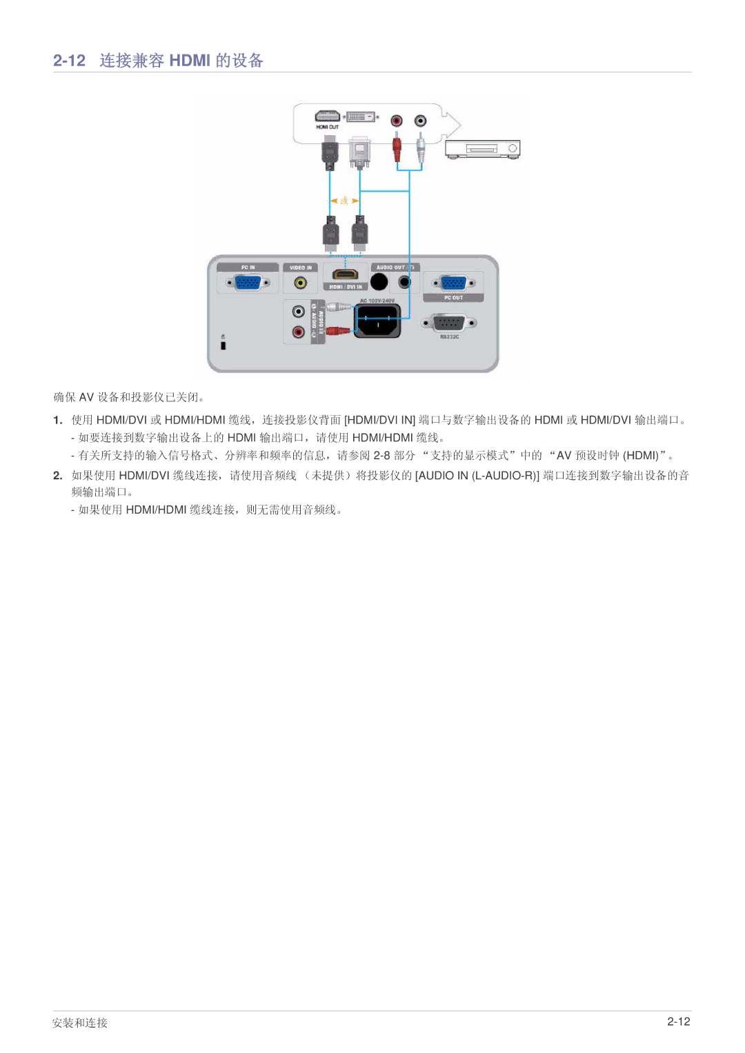 Samsung SP2003SWX/EN manual 12 连接兼容 Hdmi 的设备 