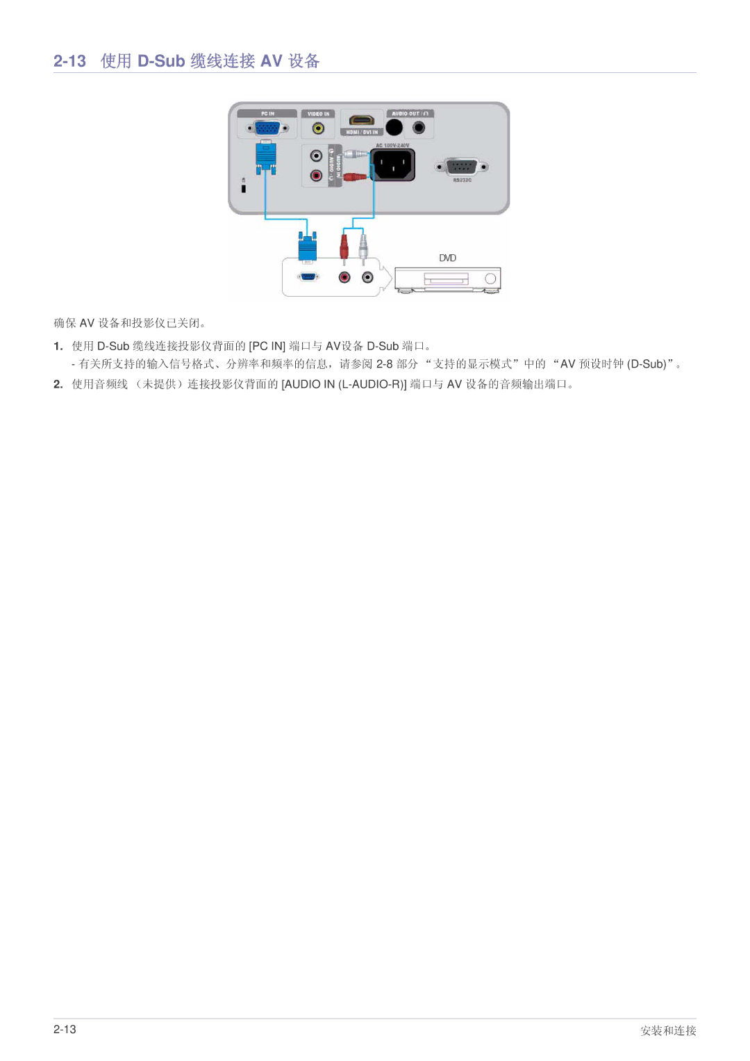 Samsung SP2003SWX/EN manual 13 使用 D-Sub 缆线连接 AV 设备 