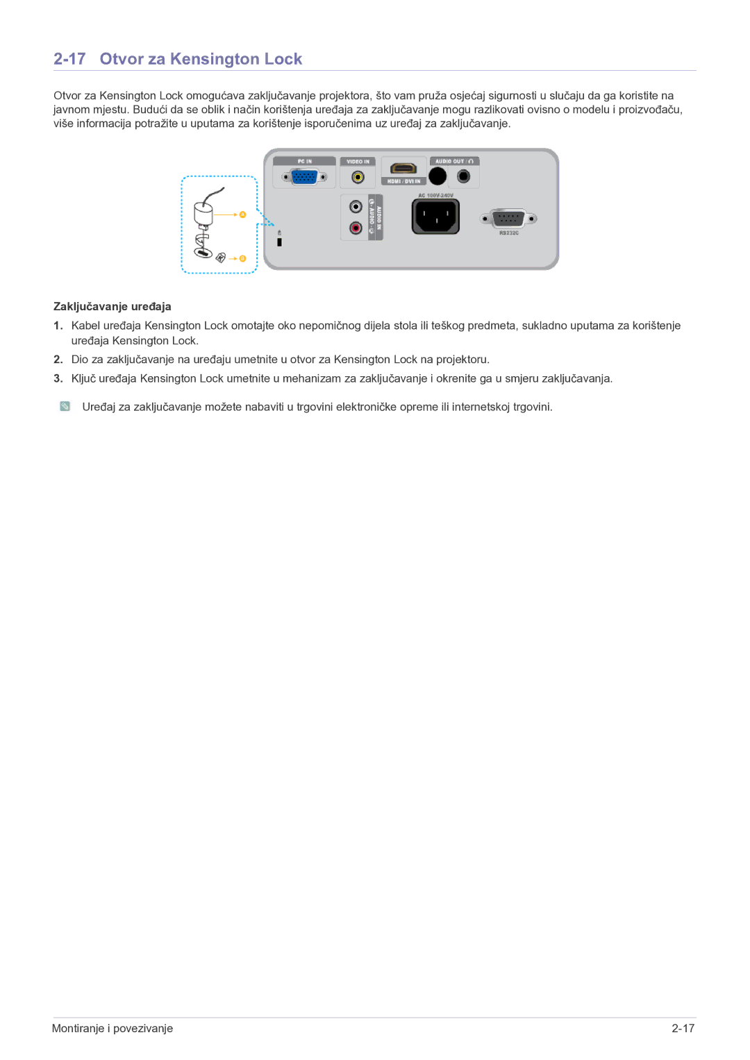 Samsung SP2003SWX/EN manual Otvor za Kensington Lock, Zaključavanje uređaja 