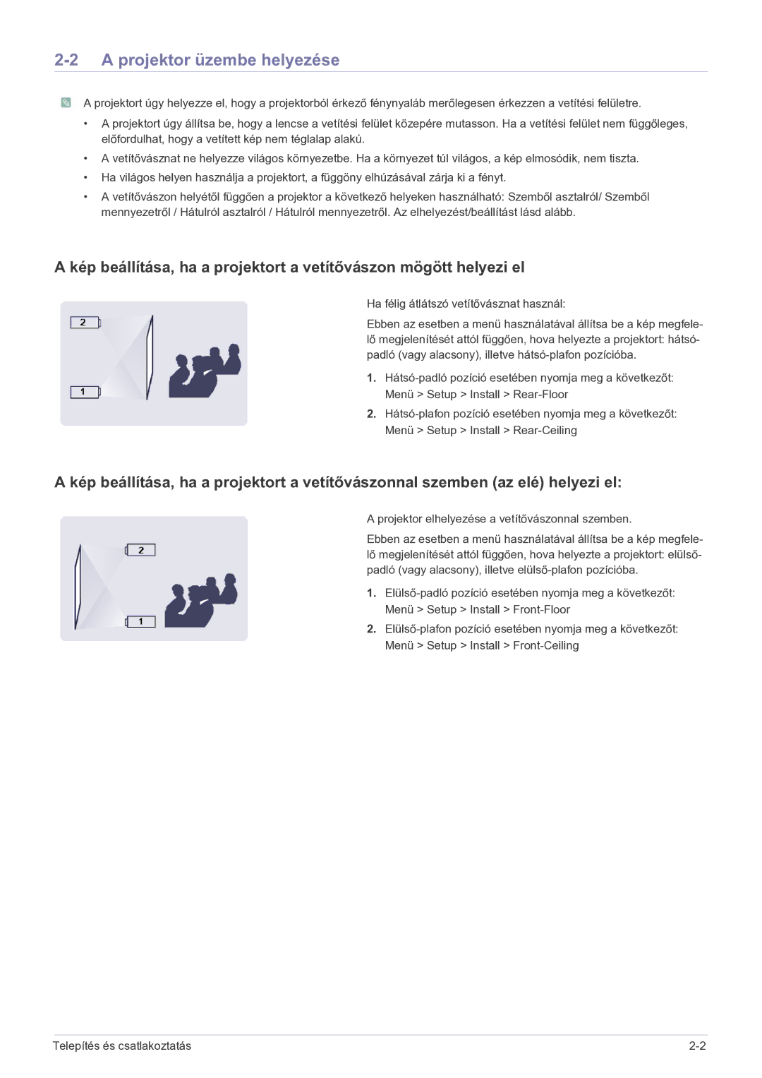 Samsung SP2203WWX/EN manual Projektor üzembe helyezése, Ha félig átlátszó vetítővásznat használ 