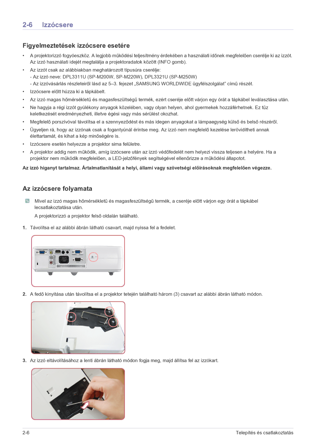 Samsung SP2203WWX/EN manual Izzócsere, Figyelmeztetések izzócsere esetére, Az izzócsere folyamata 