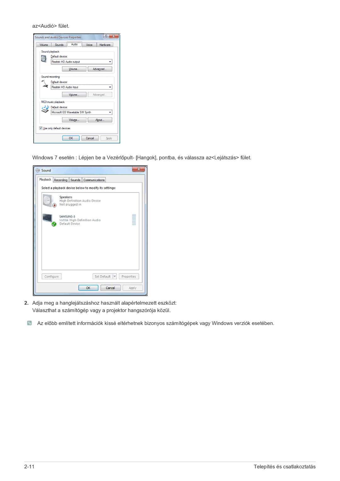 Samsung SP2203WWX/EN manual Telepítés és csatlakoztatás 