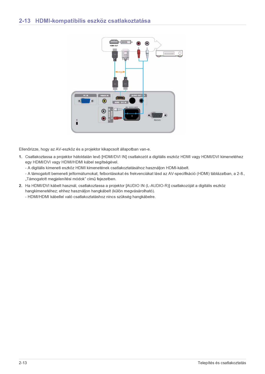 Samsung SP2203WWX/EN manual HDMI-kompatibilis eszköz csatlakoztatása 