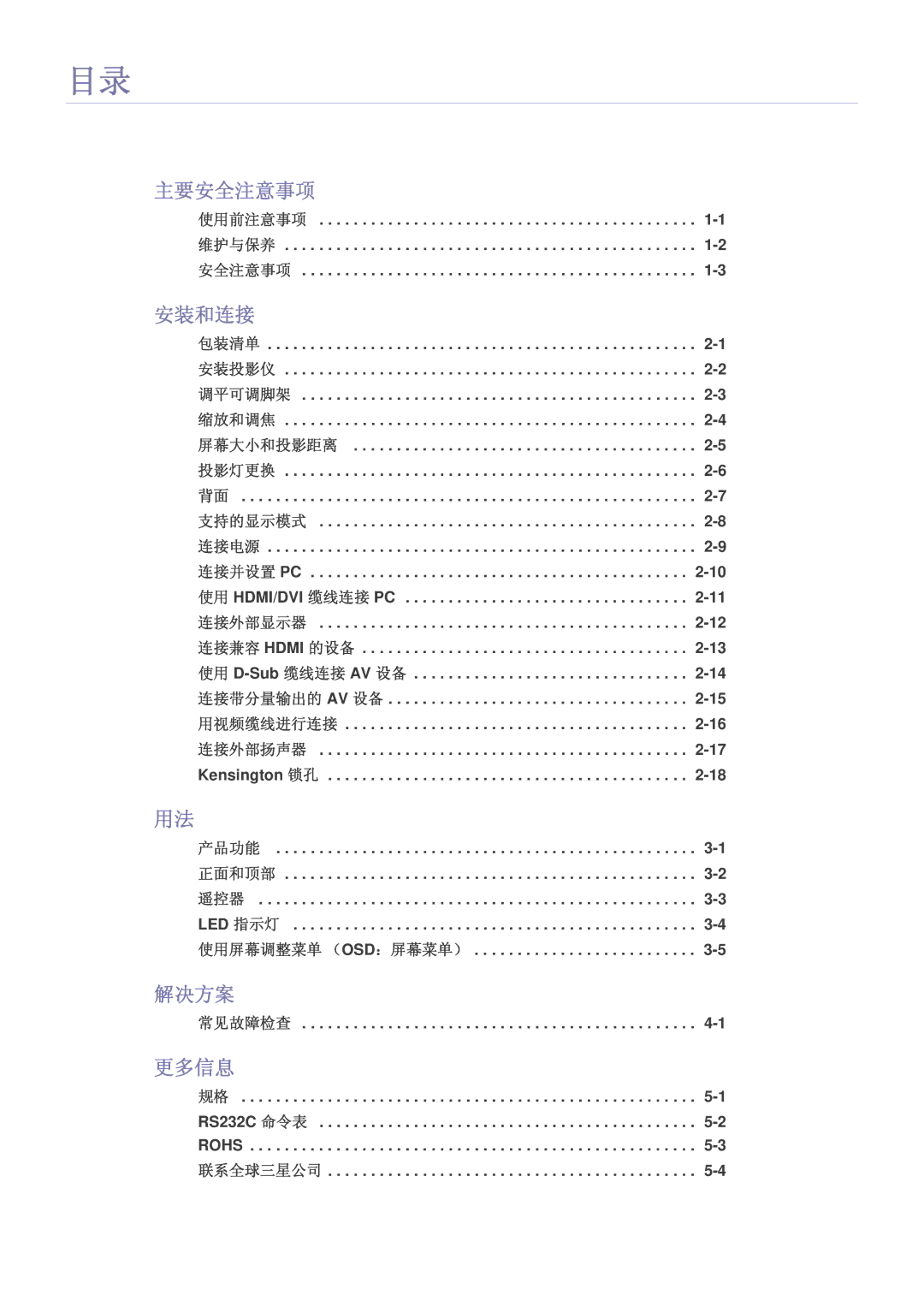 Samsung SP2203WWX/EN manual 主要安全注意事项, 安装和连接, 解决方案, 更多信息 