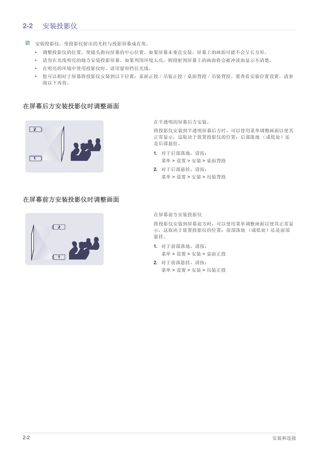 Samsung SP2203WWX/EN manual 2安装投影仪, 在屏幕后方安装投影仪时调整画面, 在屏幕前方安装投影仪时调整画面 