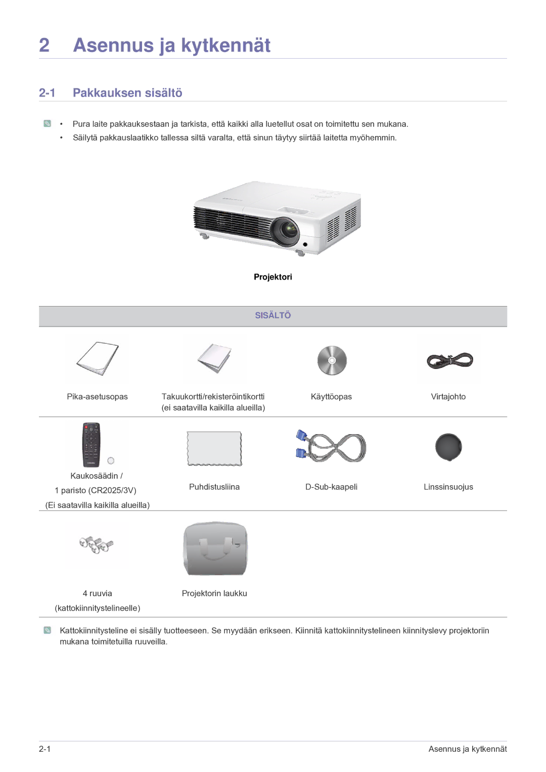 Samsung SP2203XWCX/EN manual Pakkauksen sisältö, Sisältö 