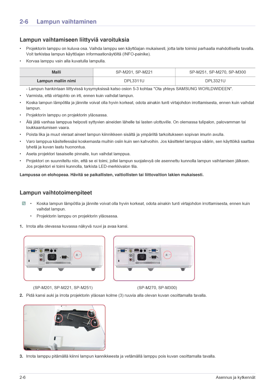 Samsung SP2203XWCX/EN Lampun vaihtaminen, Lampun vaihtamiseen liittyviä varoituksia, Lampun vaihtotoimenpiteet, Malli 