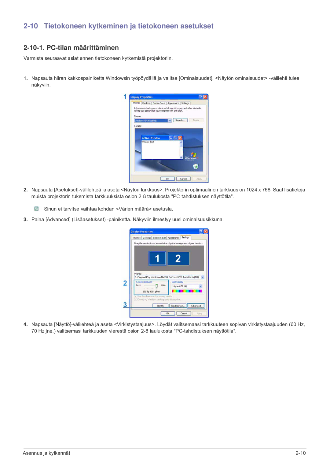 Samsung SP2203XWCX/EN manual Tietokoneen kytkeminen ja tietokoneen asetukset, PC-tilan määrittäminen 