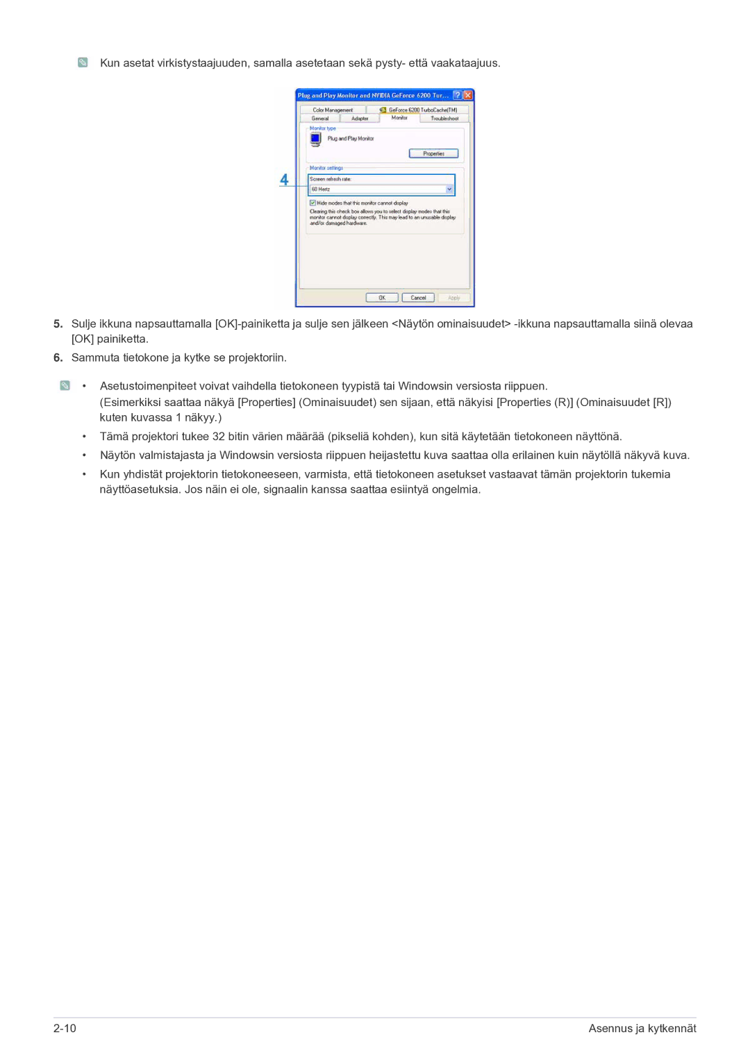 Samsung SP2203XWCX/EN manual Asennus ja kytkennät 