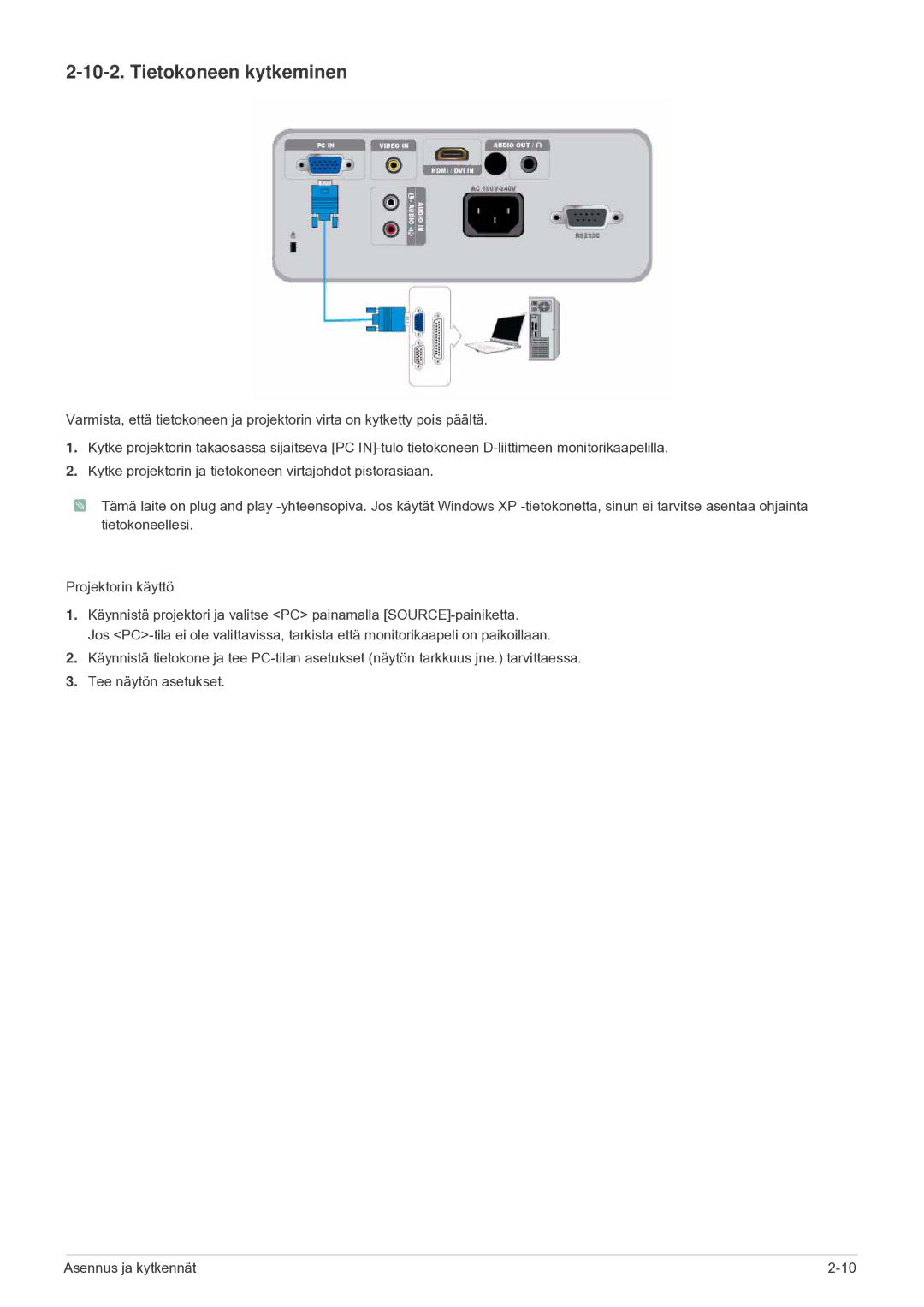 Samsung SP2203XWCX/EN manual Tietokoneen kytkeminen 