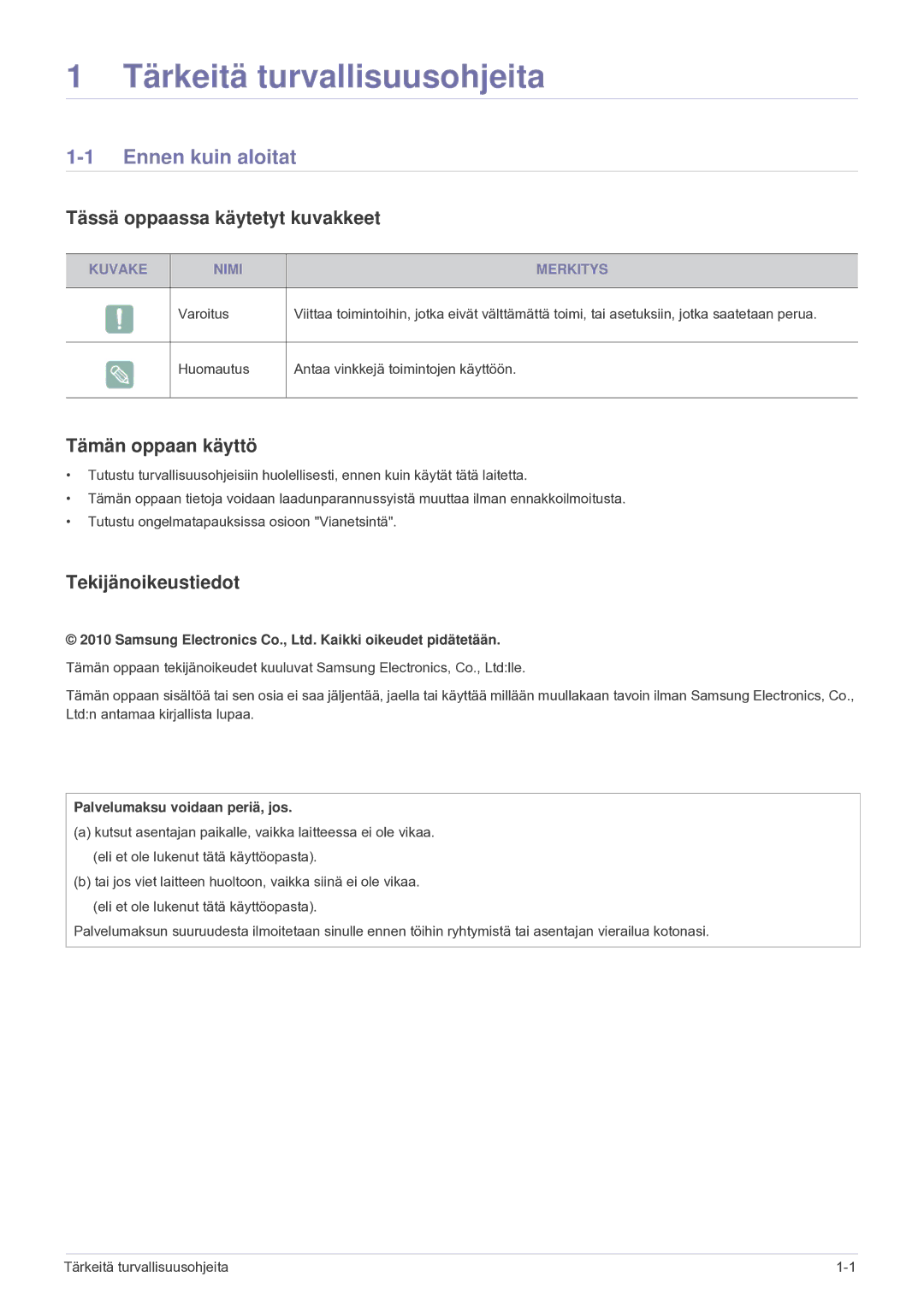 Samsung SP2203XWCX/EN Ennen kuin aloitat, Tässä oppaassa käytetyt kuvakkeet, Tämän oppaan käyttö, Tekijänoikeustiedot 