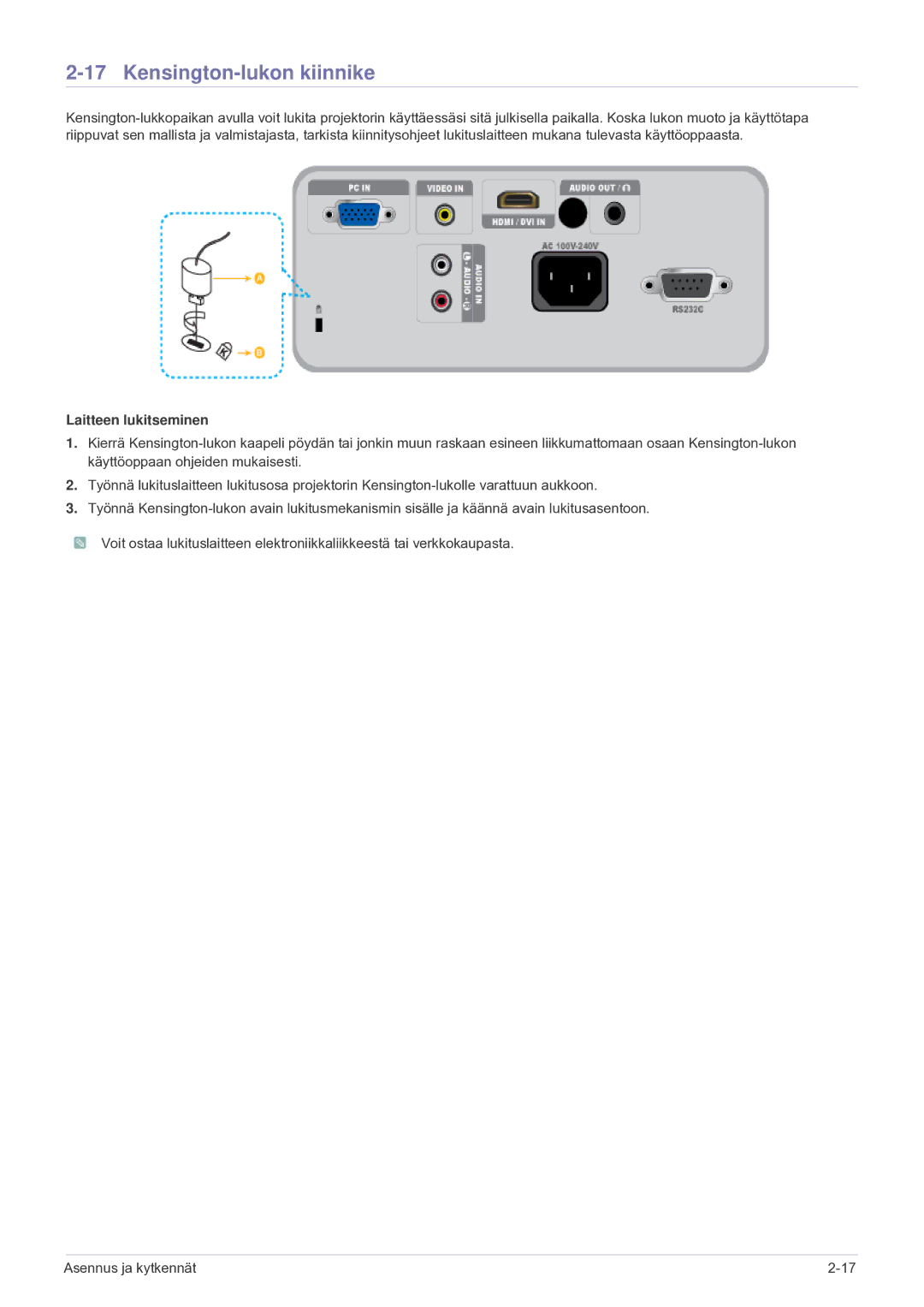 Samsung SP2203XWCX/EN manual Kensington-lukon kiinnike, Laitteen lukitseminen 