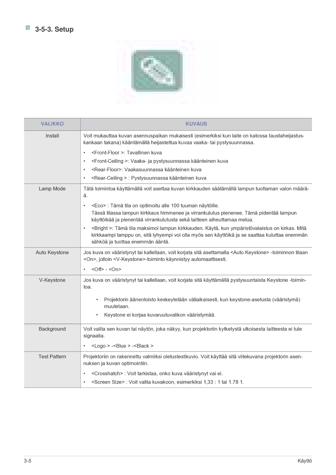 Samsung SP2203XWCX/EN manual Setup, Rear-Ceiling Pystysuunnassa käänteinen kuva 