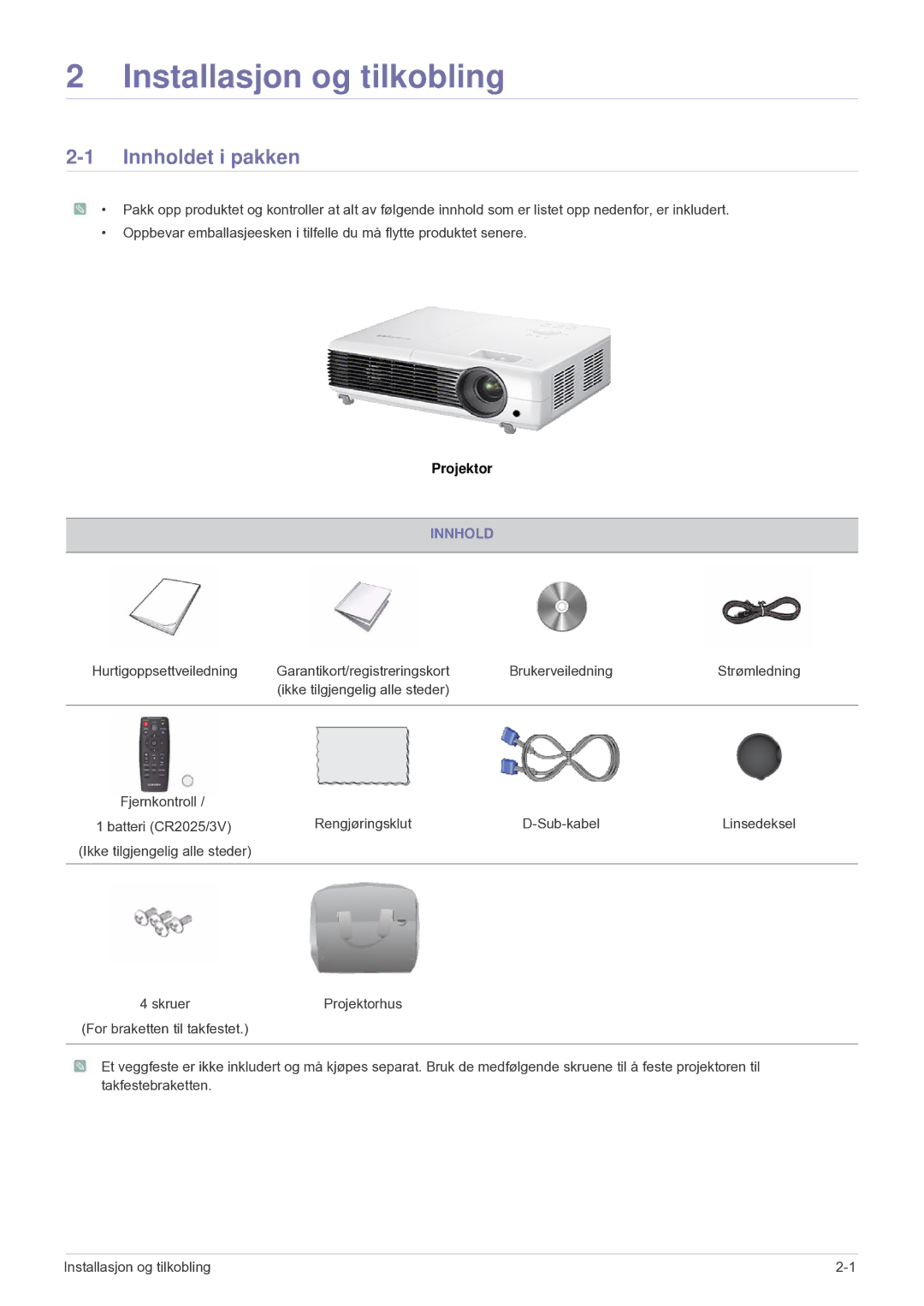 Samsung SP2203XWCX/EN manual Innholdet i pakken 