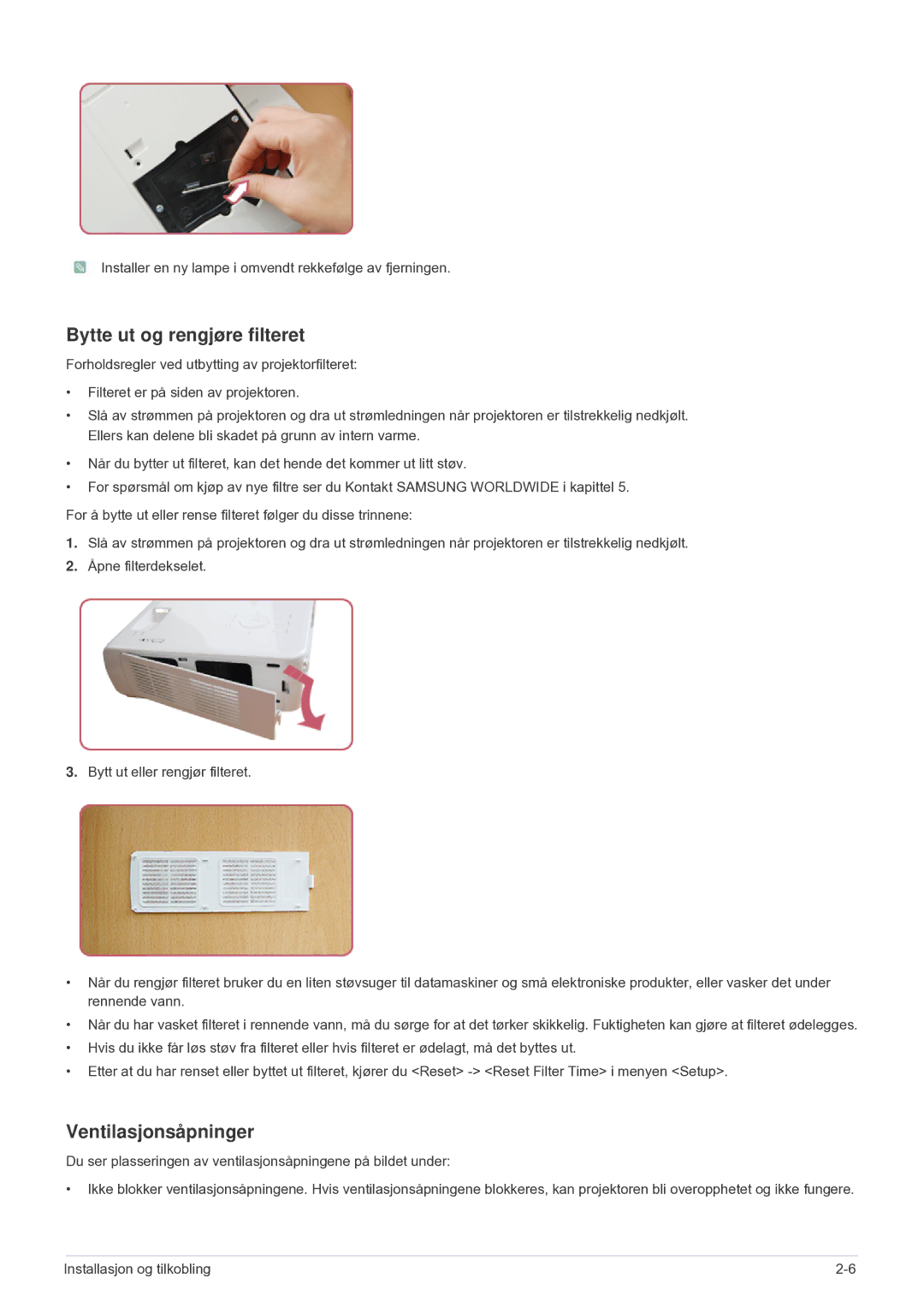 Samsung SP2203XWCX/EN manual Bytte ut og rengjøre filteret, Ventilasjonsåpninger 