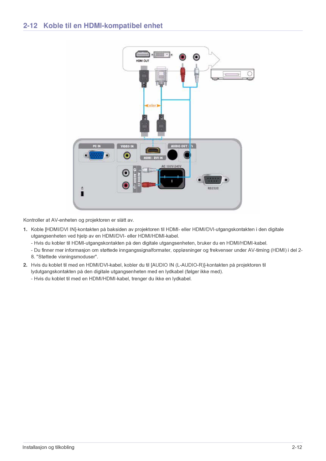 Samsung SP2203XWCX/EN manual Koble til en HDMI-kompatibel enhet 