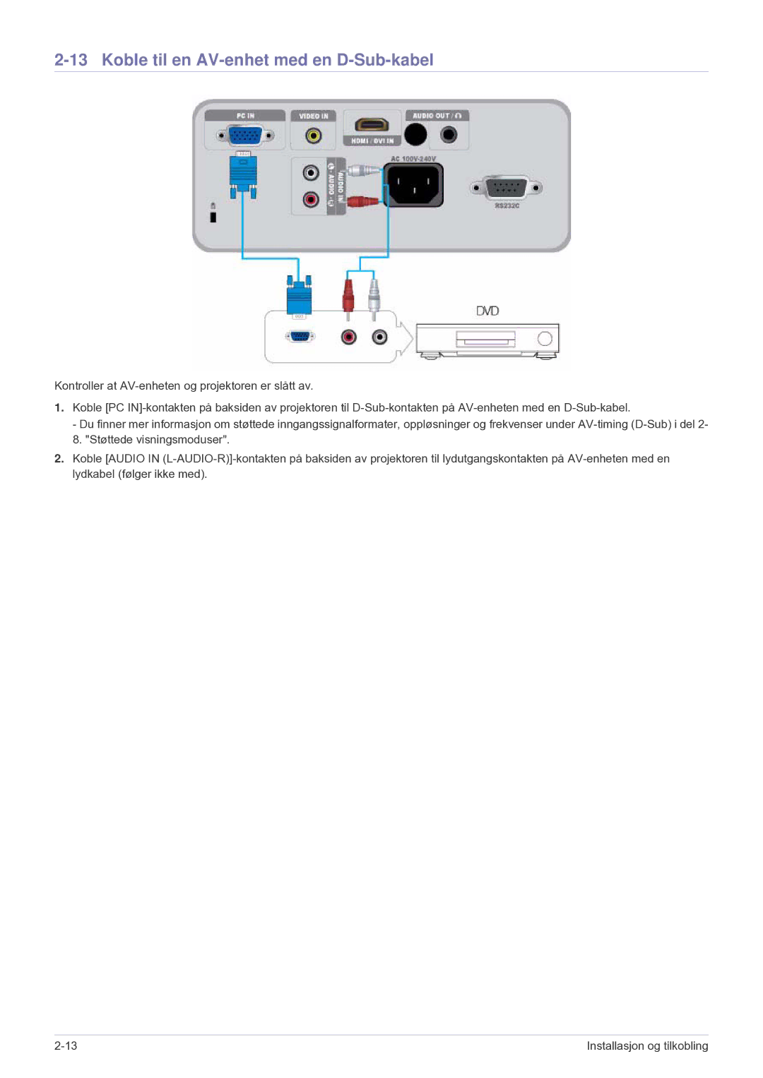 Samsung SP2203XWCX/EN manual Koble til en AV-enhet med en D-Sub-kabel 