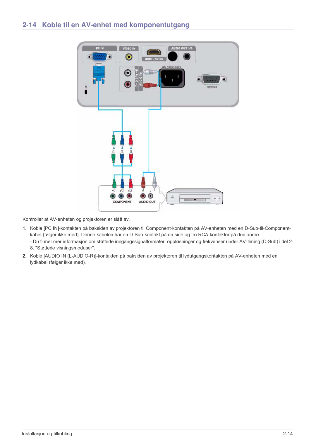 Samsung SP2203XWCX/EN manual Koble til en AV-enhet med komponentutgang, Kontroller at AV-enheten og projektoren er slått av 