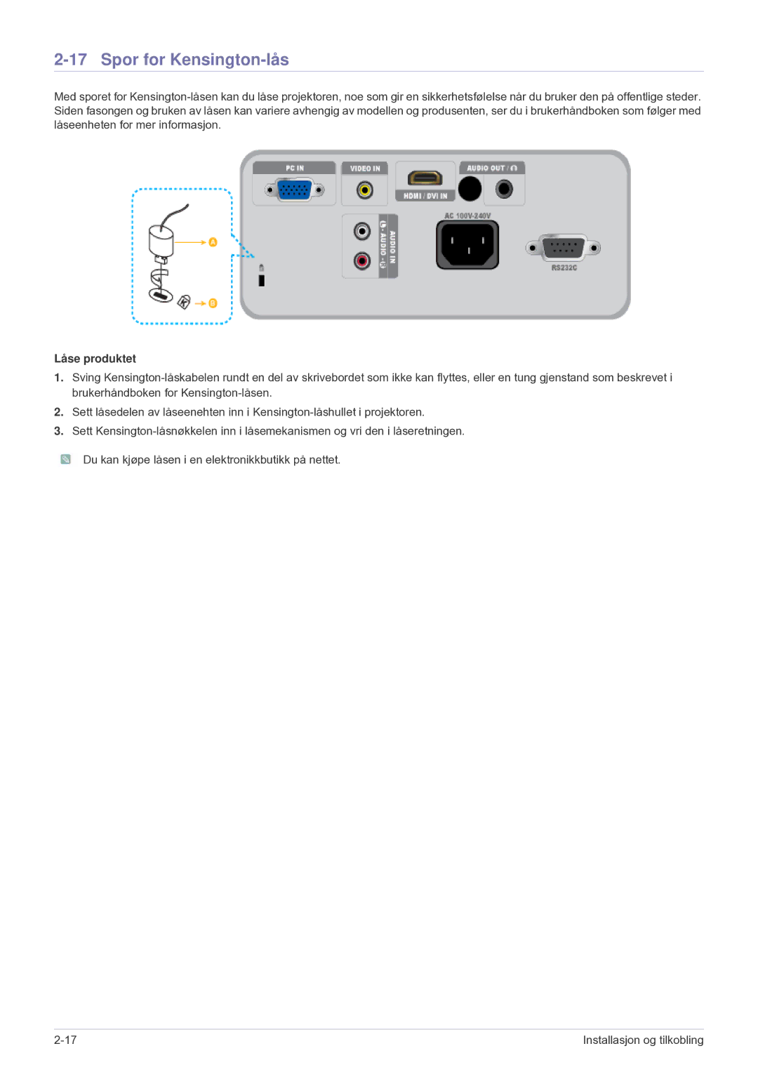 Samsung SP2203XWCX/EN manual Spor for Kensington-lås, Låse produktet 