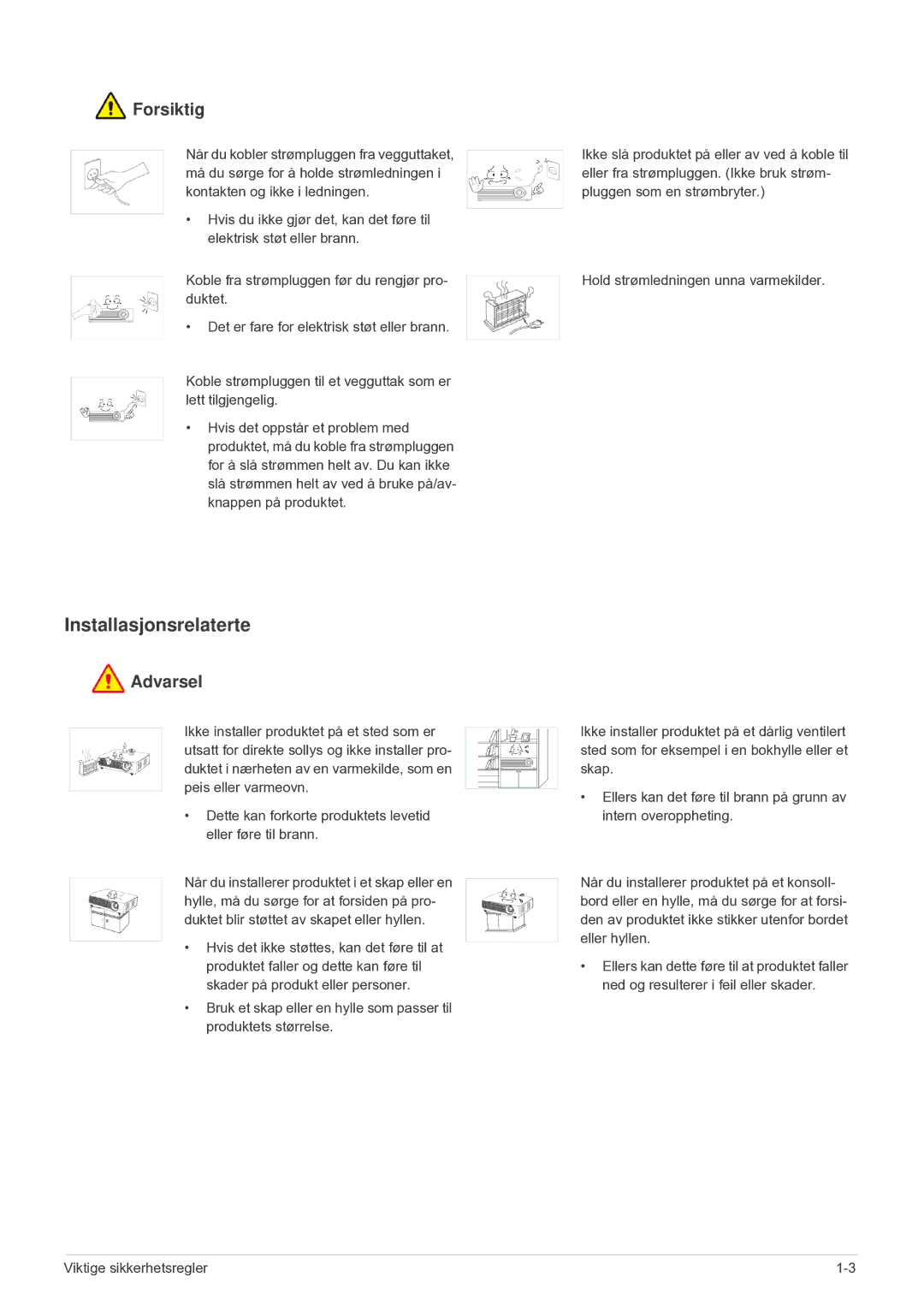 Samsung SP2203XWCX/EN manual Installasjonsrelaterte, Forsiktig 