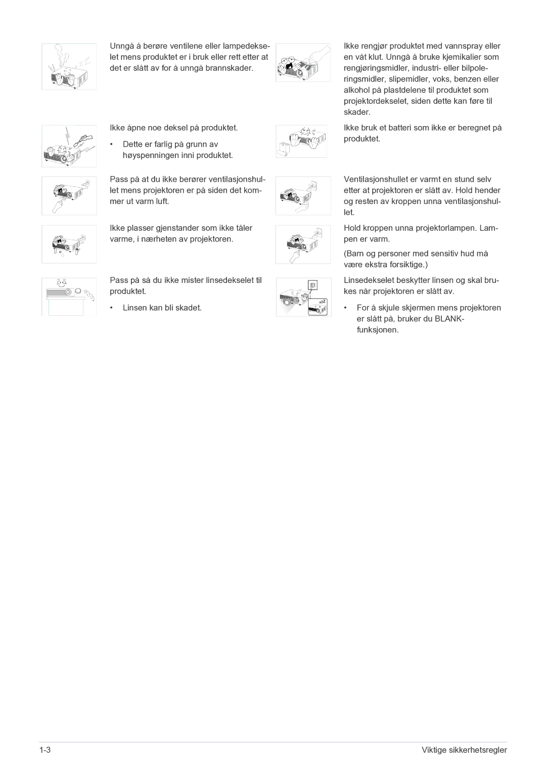 Samsung SP2203XWCX/EN manual Viktige sikkerhetsregler 