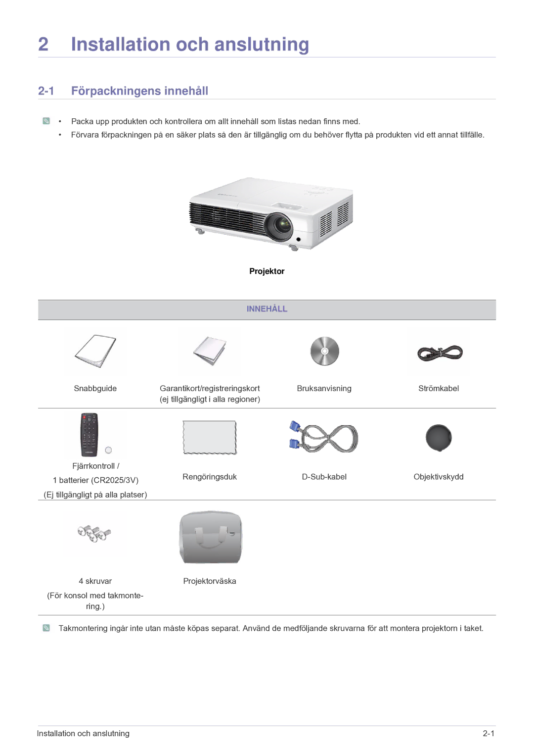 Samsung SP2203XWCX/EN manual Förpackningens innehåll, Innehåll 