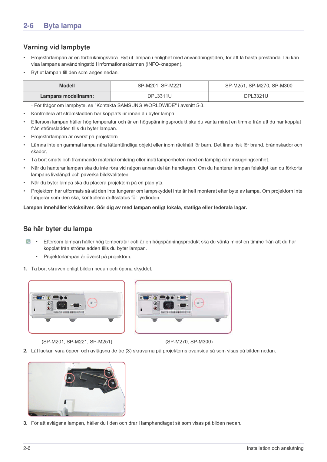 Samsung SP2203XWCX/EN manual Byta lampa, Varning vid lampbyte, Så här byter du lampa, Modell, Lampans modellnamn 