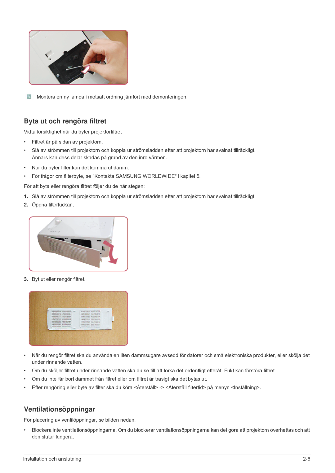 Samsung SP2203XWCX/EN manual Byta ut och rengöra filtret, Ventilationsöppningar 