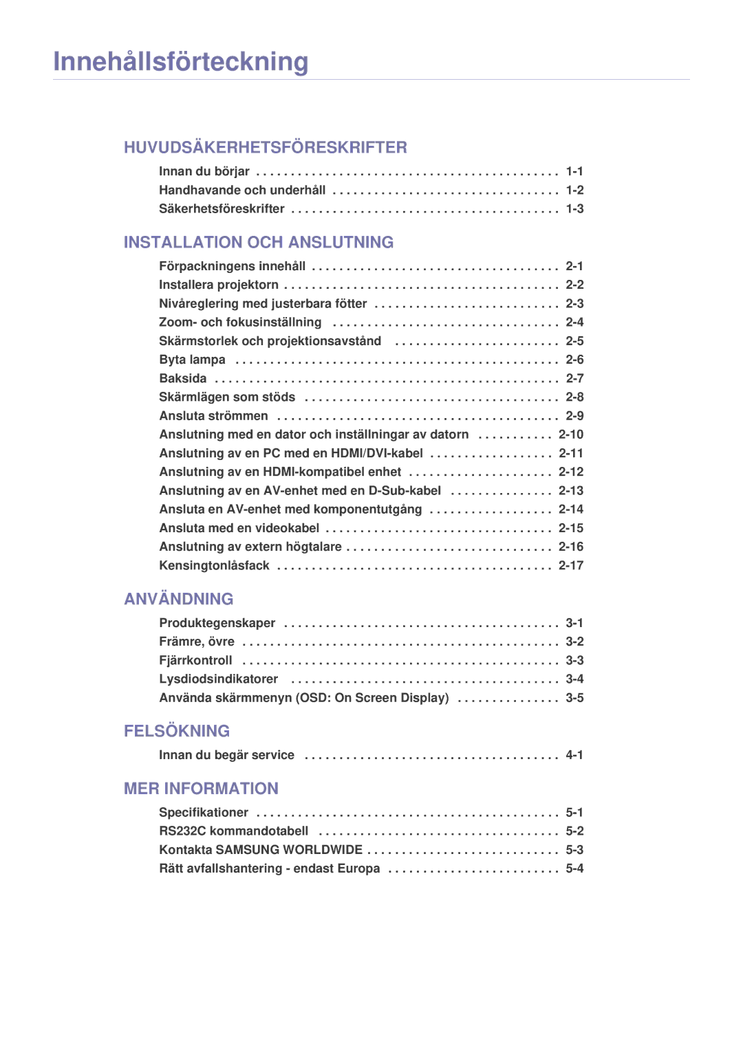 Samsung SP2203XWCX/EN manual Innehållsförteckning, Innan du begär service 