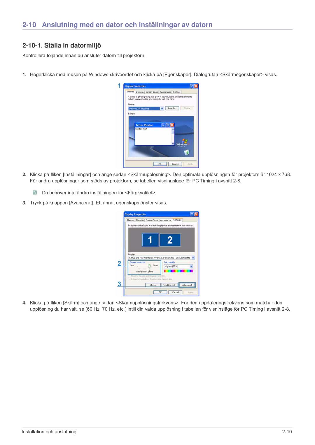 Samsung SP2203XWCX/EN manual Anslutning med en dator och inställningar av datorn, 10-1. Ställa in datormiljö 