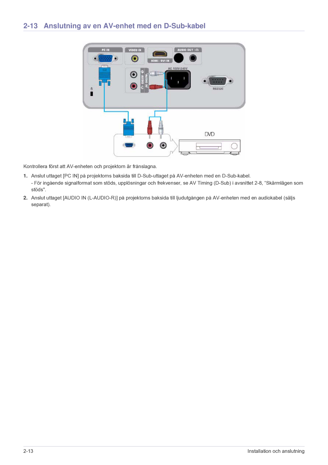 Samsung SP2203XWCX/EN manual Anslutning av en AV-enhet med en D-Sub-kabel 