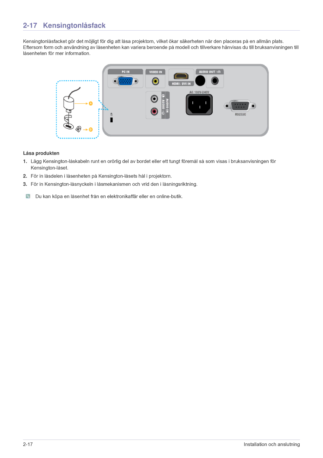 Samsung SP2203XWCX/EN manual Kensingtonlåsfack, Låsa produkten 