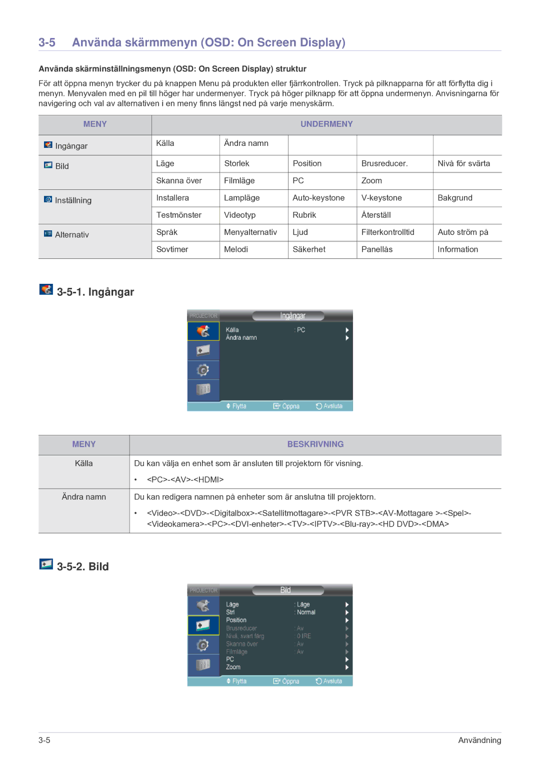 Samsung SP2203XWCX/EN manual Använda skärmmenyn OSD On Screen Display, Ingångar, Bild, Meny Undermeny, Meny Beskrivning 