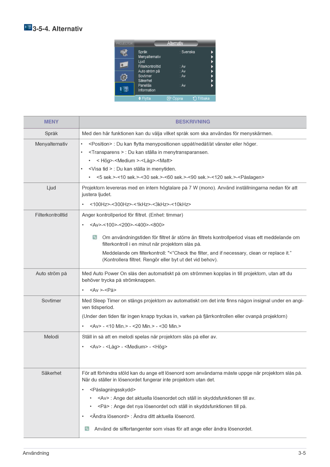 Samsung SP2203XWCX/EN manual Alternativ, Av Låg Medium Hög 